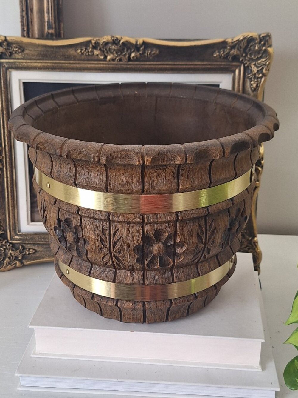Large Vintage Brass EMSA West German Planter Barrel Faux Wood Cache plant Pot